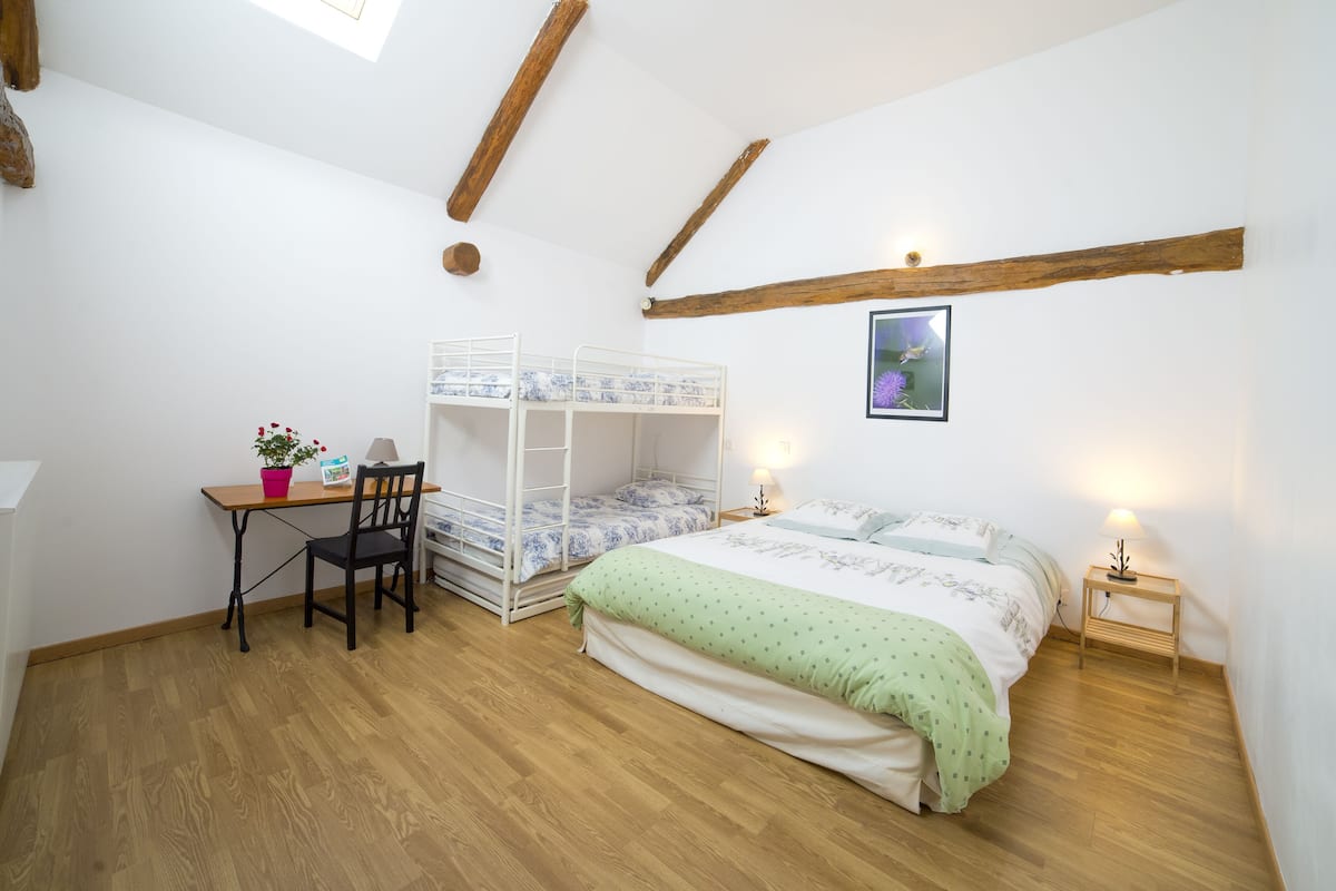 Un dormitorio con una cama litera, un escritorio con silla, una mesita con una planta y una mesita de noche con lámpara.