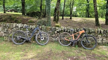Two bicycles leaning against a stone wall in a forested area.