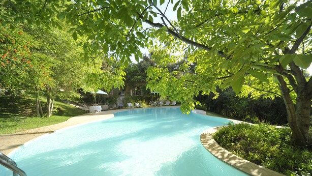 A swimming pool surrounded by lush greenery and trees. - MAROC LODGE Atlas Mountain Retreat  (Amizmiz)