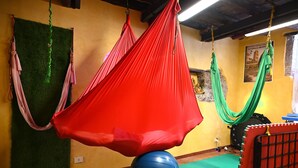A room with a green wall, a red hammock, a blue exercise ball, and a yoga mat. - Affittacamere Al Seminario (Tivoli)