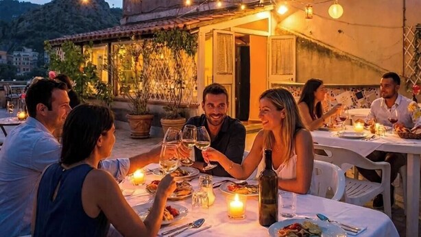 A group of people dining outdoors at a table with candles, surrounded by potted plants and string lights. - Affittacamere Al Seminario (Tivoli)