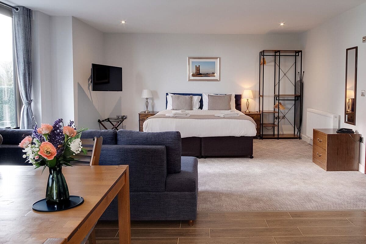 Une chambre d’hôtel moderne équipée d’un lit, d’un bureau, d’un canapé et d’une télévision.