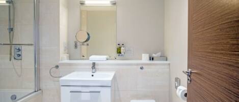 A modern bathroom with a glass shower enclosure, a white sink, a toilet, and a wooden door.