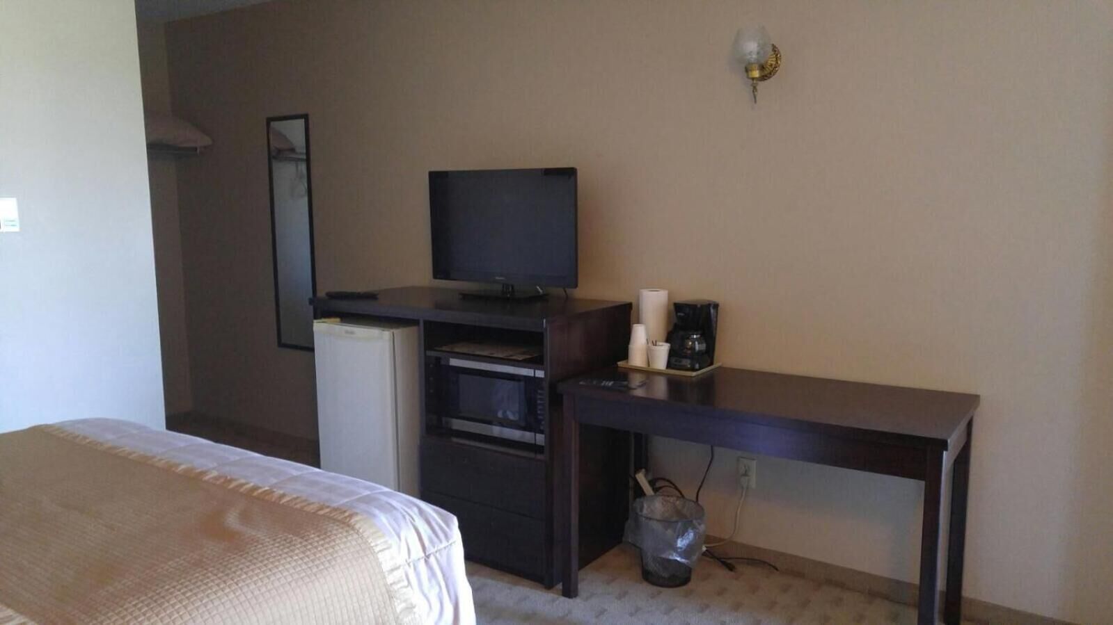 Habitación de hotel con cama, escritorio, televisión, microondas y cafetera.