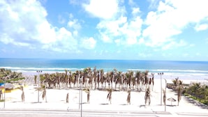 Una playa con palmeras y vista al océano.