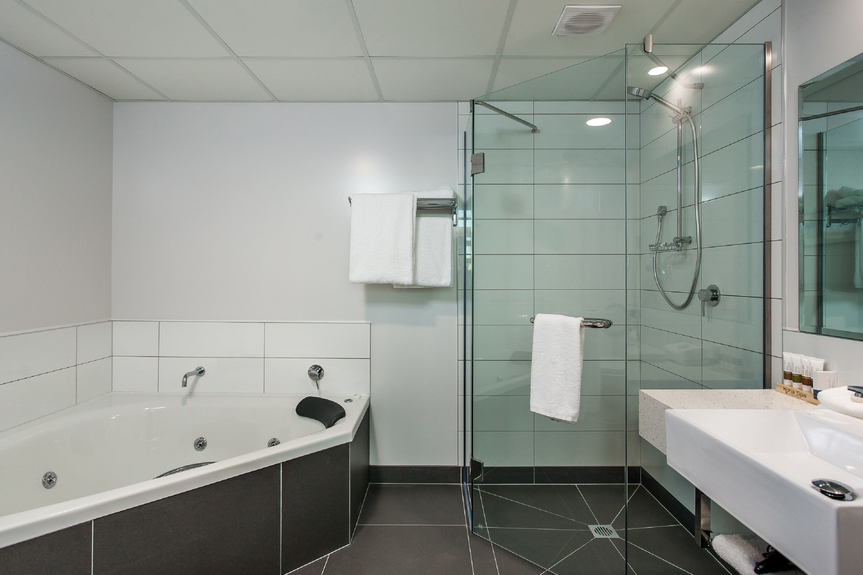 Un baño moderno con ducha envuelta en vidrio, una bañera independiente y un tocador con lavamanos.