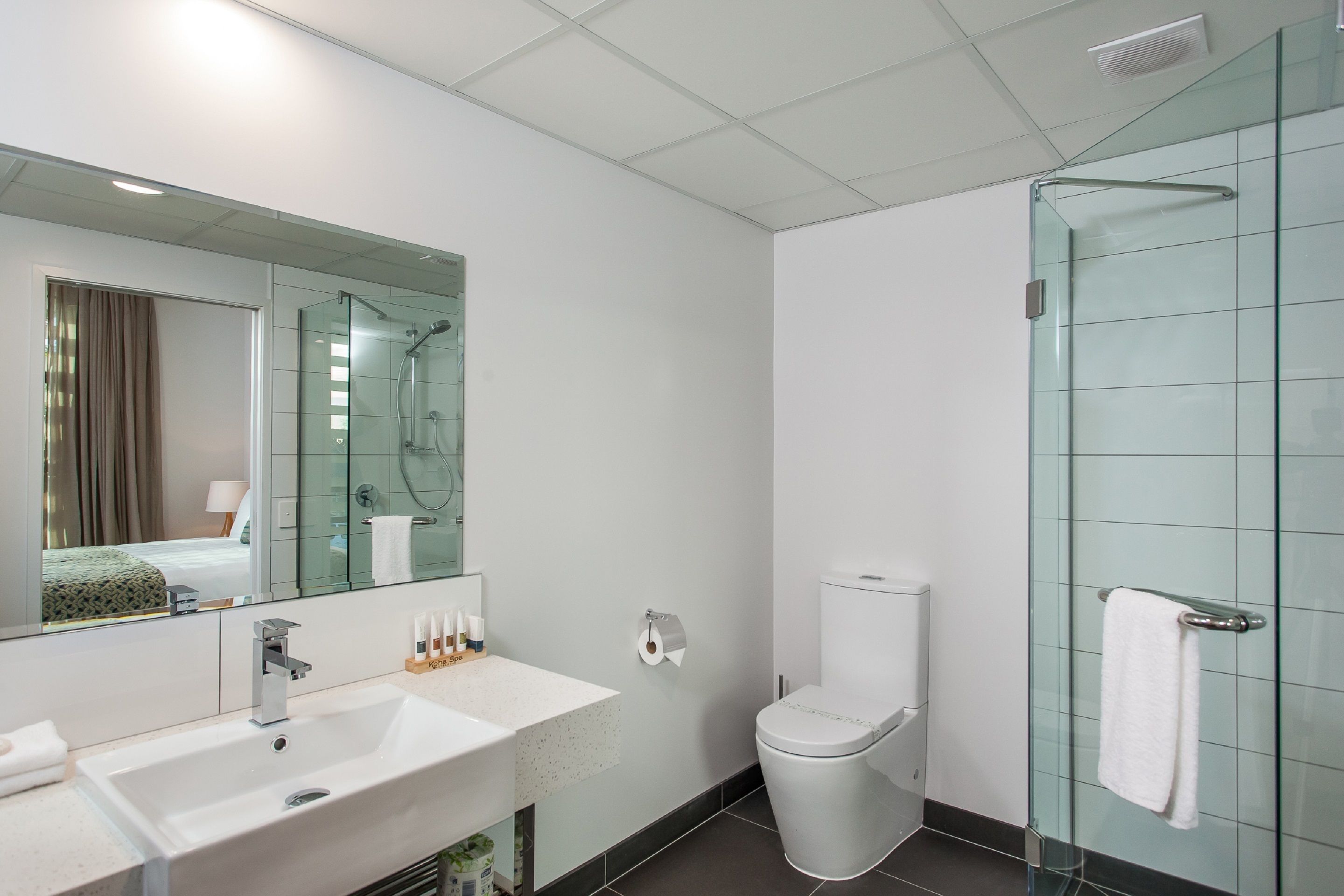 Une salle de bain moderne avec une douche à parois de verre, un lavabo blanc et des toilettes.