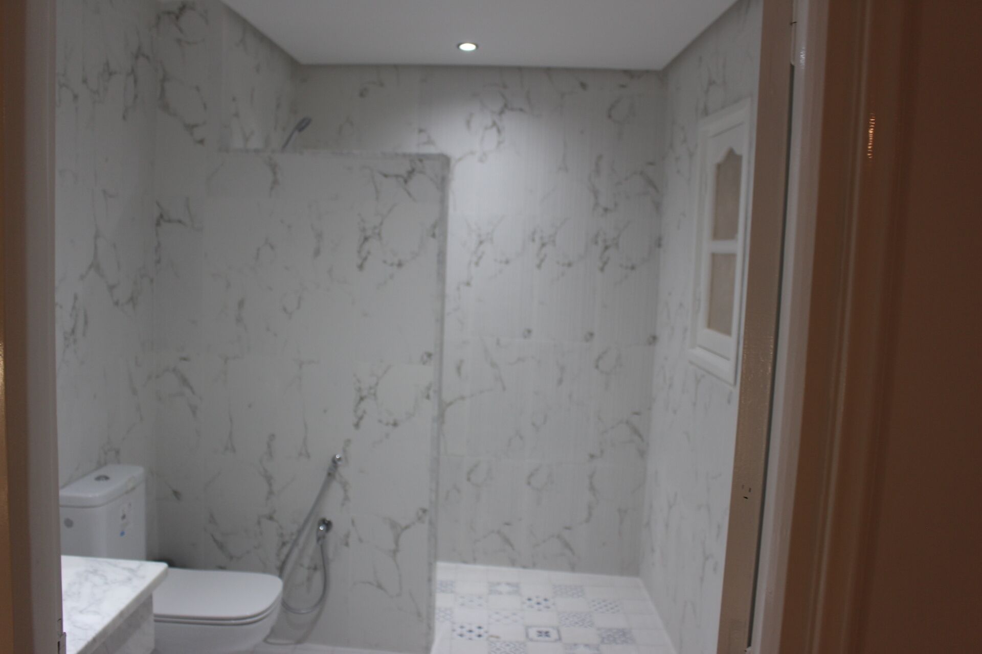 A bathroom with a toilet, shower, and marble walls.