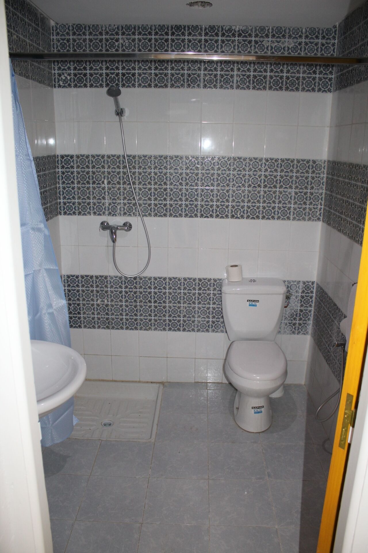 Une salle de bain avec des toilettes, une douche et un lavabo.