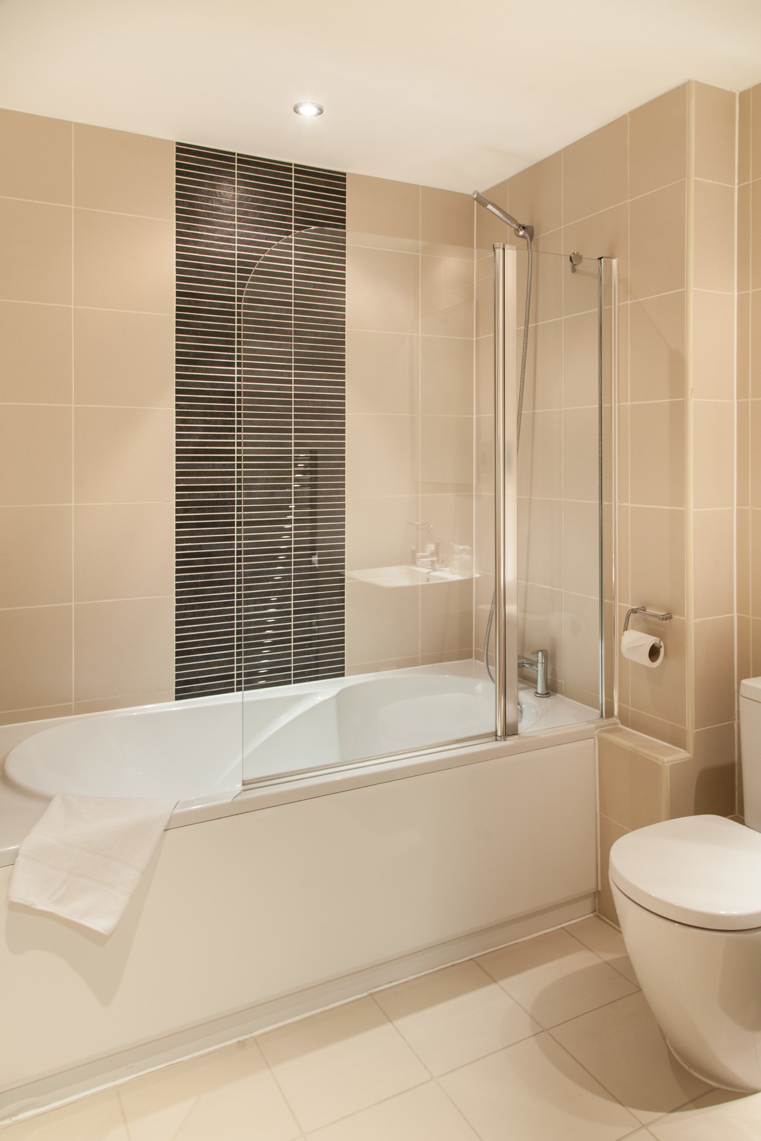 Une salle de bain moderne avec une douche à parois de verre, une baignoire sur pieds et des toilettes.