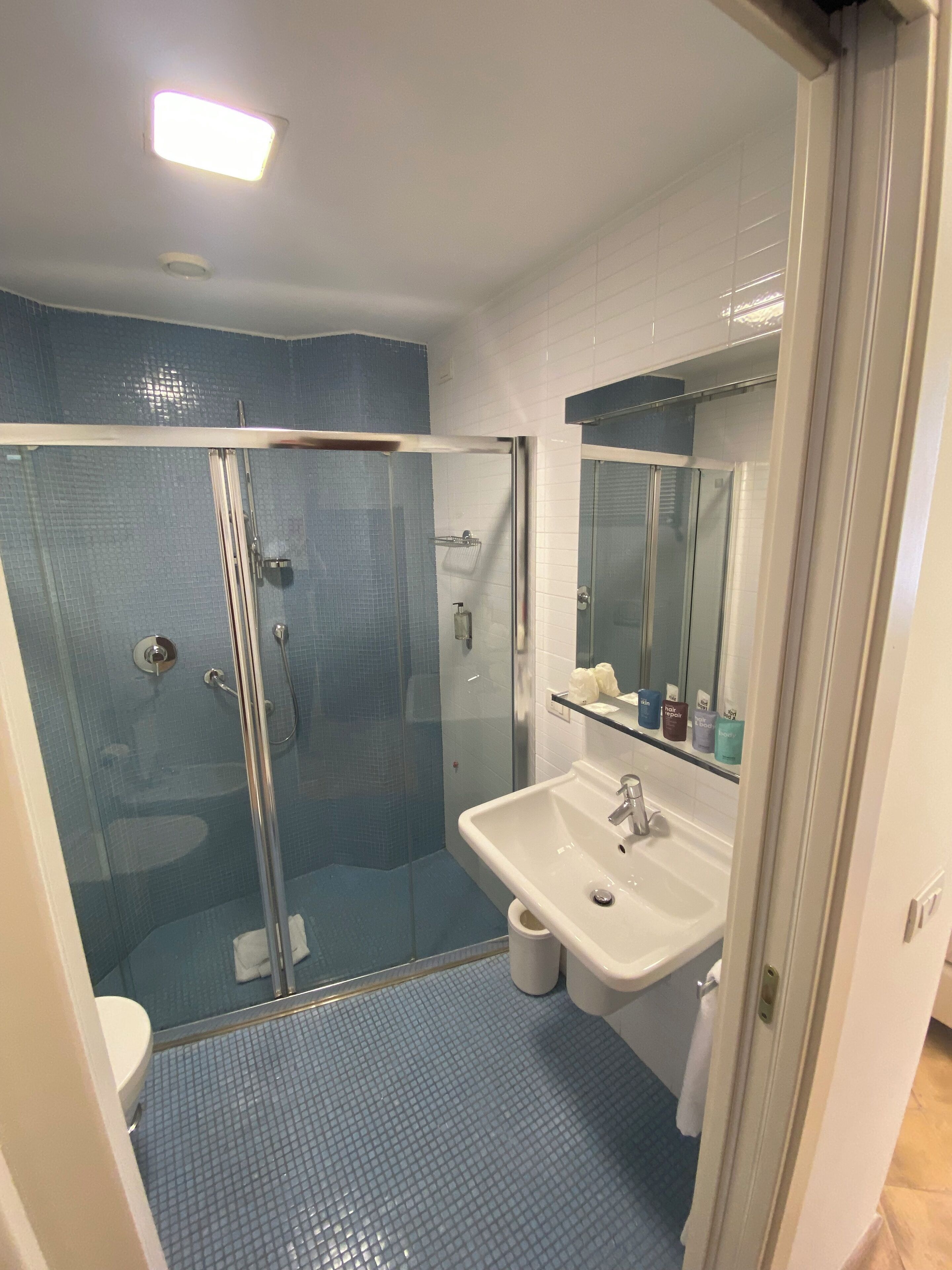 A modern bathroom with a glass-enclosed shower, a white sink, and a mirror above it.