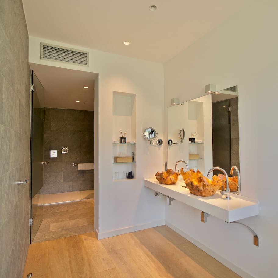 Separate tub and shower, deep soaking tub, rainfall showerhead