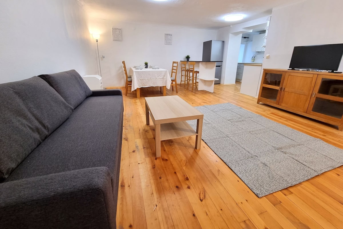 A living room with a sofa, a coffee table, a rug, a dining table with chairs, a kitchen area, and a TV on a cabinet.