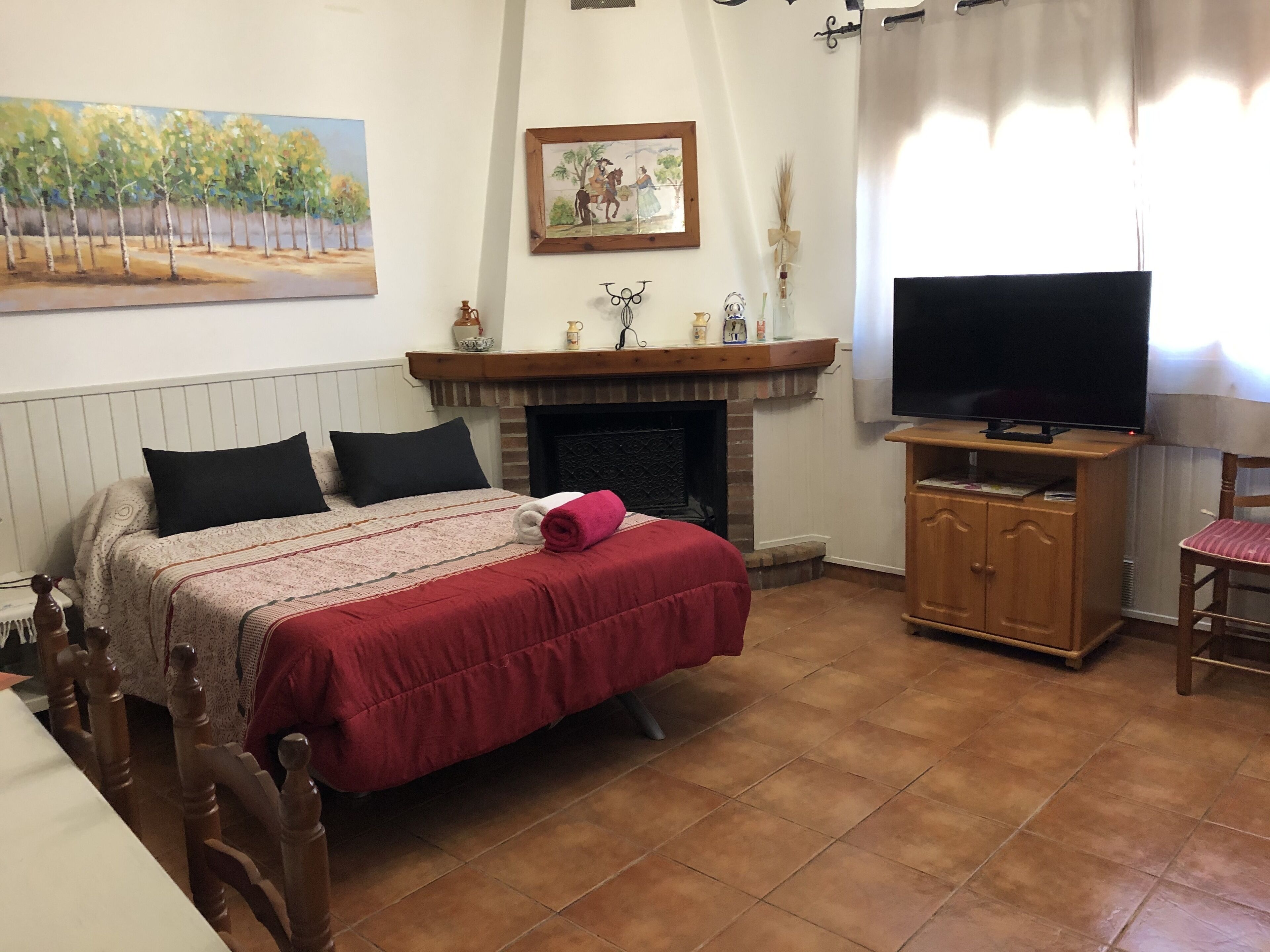 Un dormitorio con una cama, televisión, chimenea y un cuadro en la pared.