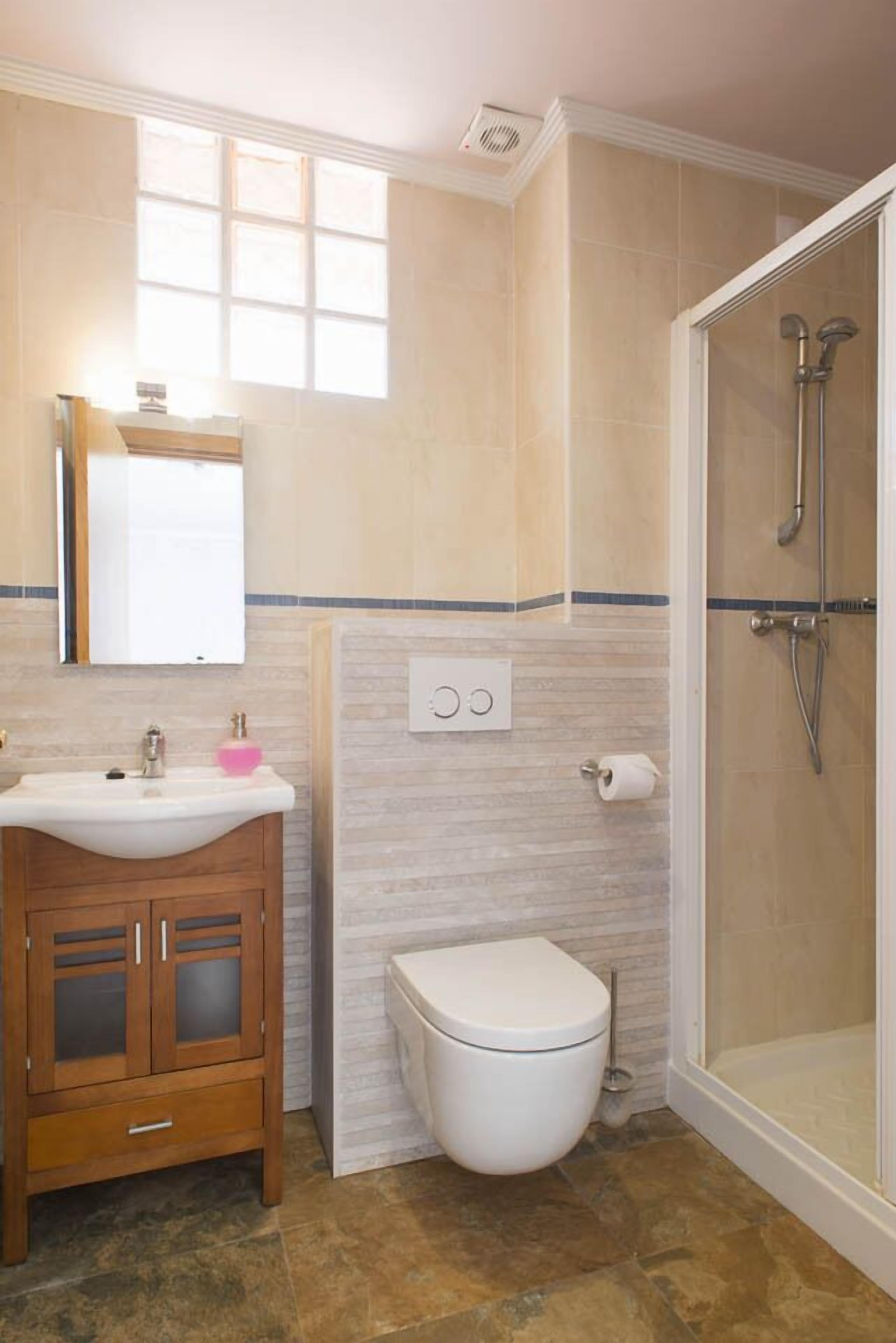 A bathroom with a sink, mirror, toilet, and shower.