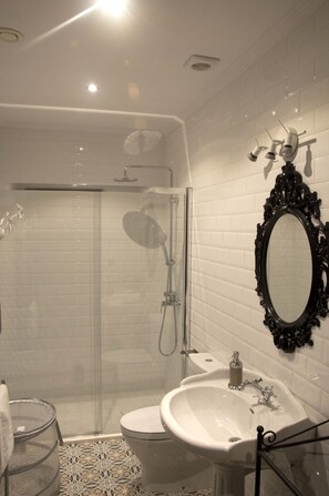 Un baño con ducha vidriada, un lavamanos blanco y un espejo negro ornamentado.