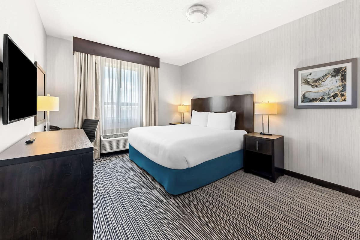 A hotel room with a large bed, a desk with a flat-screen TV, a desk lamp, a standing heater, and a framed artwork on the wall.