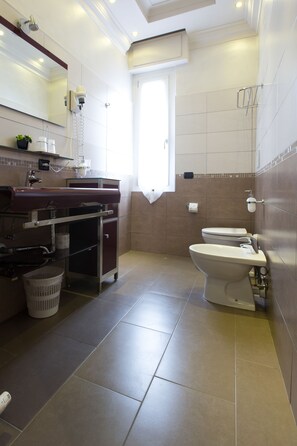 Camera con letto matrimoniale o 2 letti singoli | Bagno | Doccia, set di cortesia gratuito, asciugacapelli, accappatoio