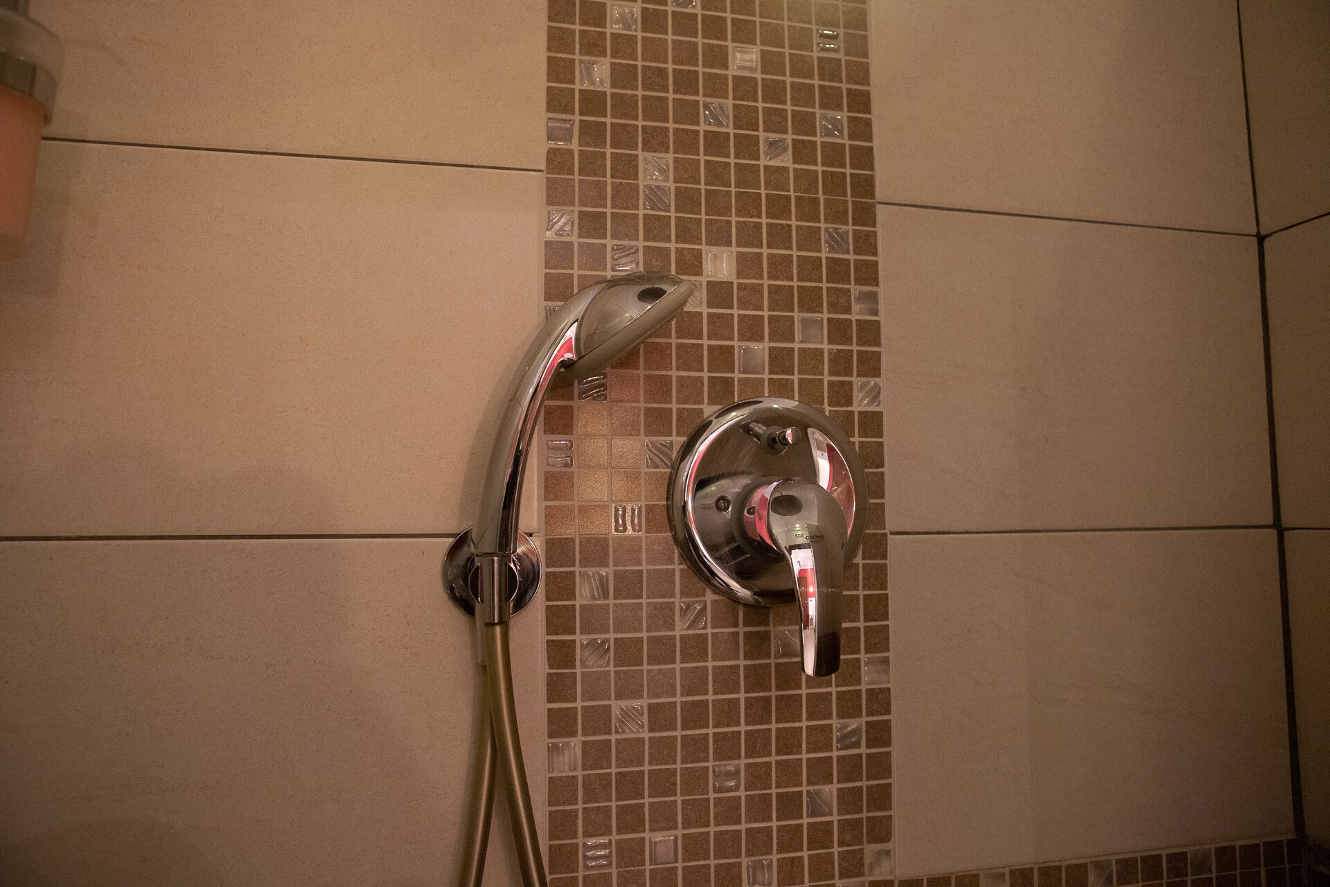 Une douche dotée d’un robinet chromé et d’une pomme de douche à main fixée au mur.
