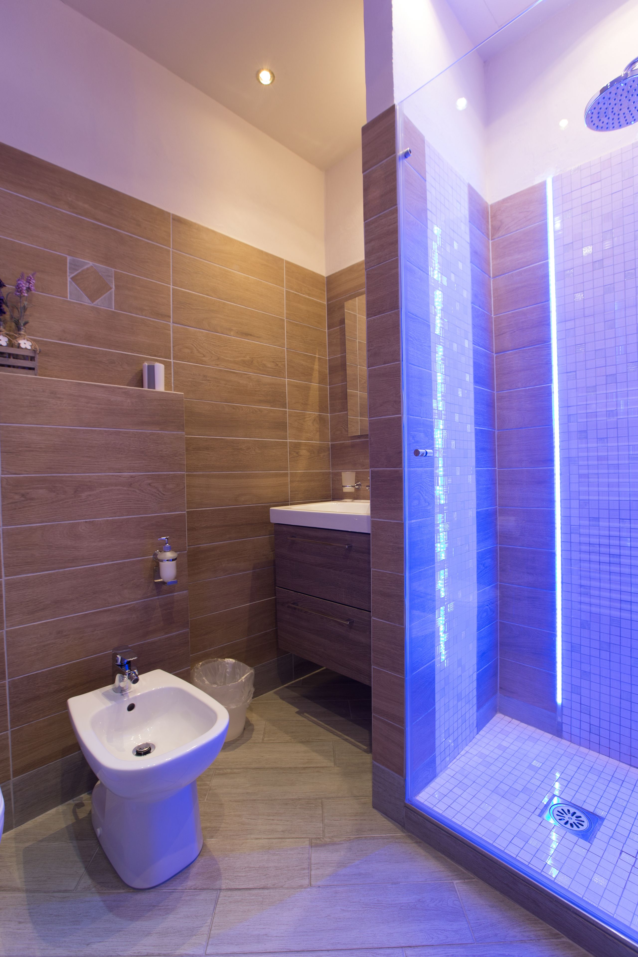 Un baño moderno con un bidé, una ducha con mampara de vidrio y un tocador con espejo.