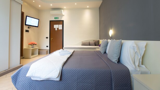 Una habitación de hotel moderna con una cama grande, un televisor de pantalla plana montado en la pared, una mesita de noche pequeña con un jarrón de flores y un sofá cama apoyado en la pared.