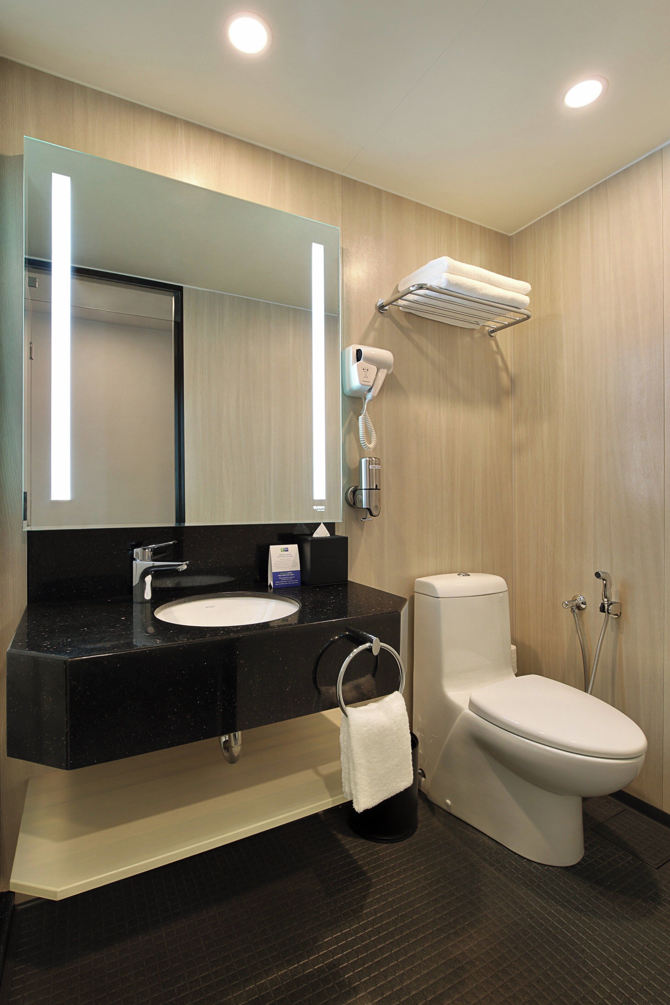 A modern bathroom with a black sink, white toilet, and a hairdryer mounted on the wall.