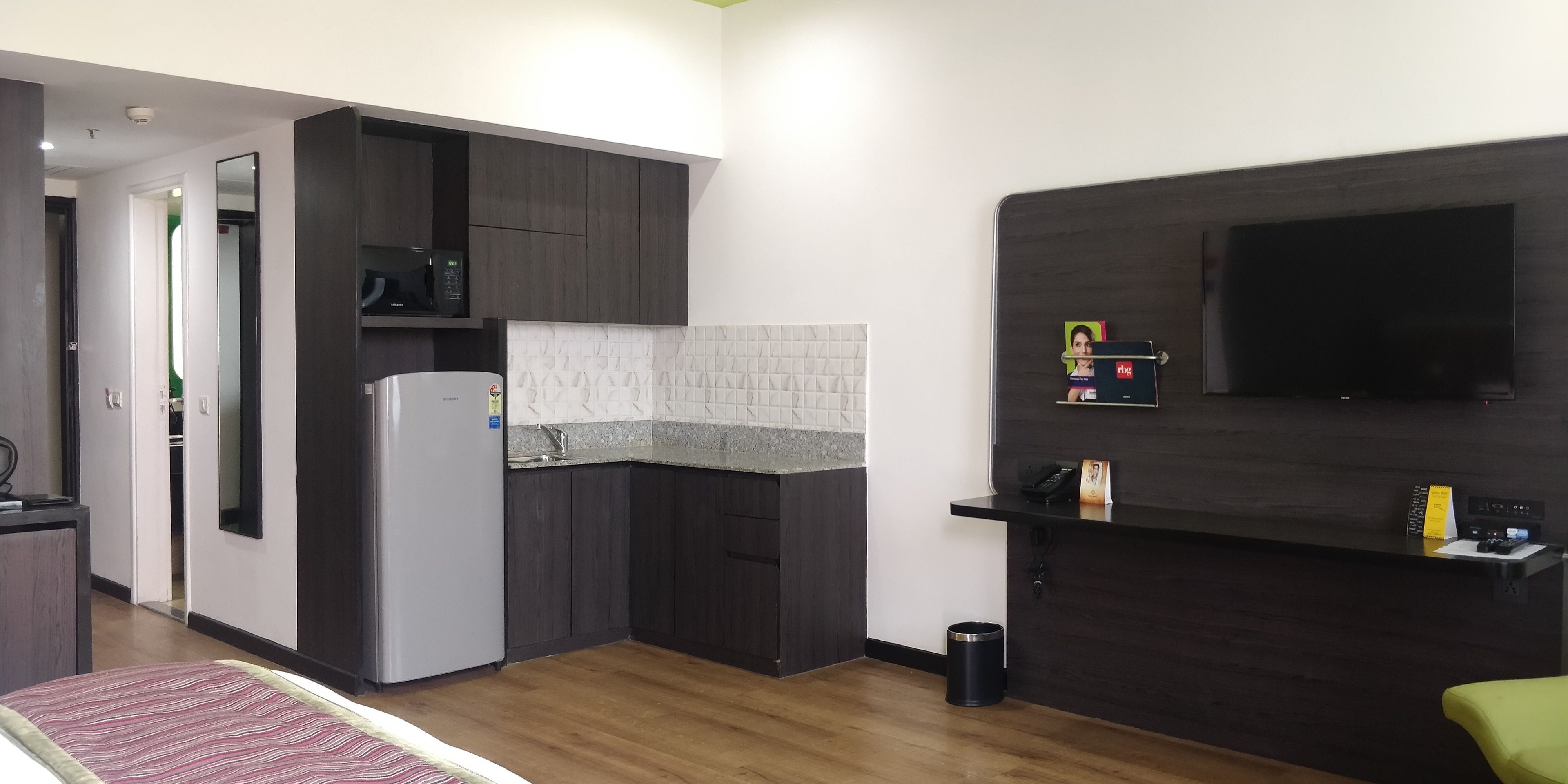 mini-fridge, coffee/tea maker, eco-friendly cleaning products