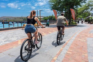 Dos personas andando en bicicleta por un camino pavimentado con vista al agua.