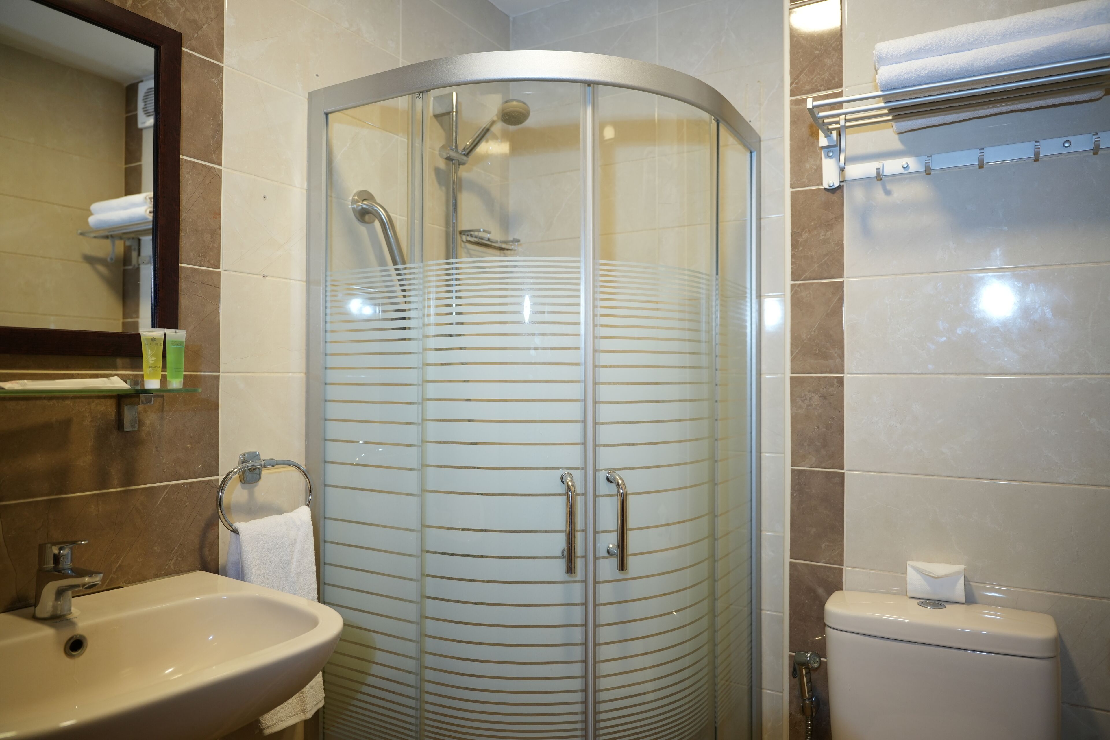 Shower, free toiletries, hair dryer, towels