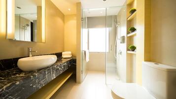 Shower, free toiletries, hair dryer, slippers