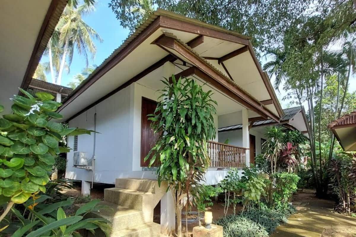 A house with a porch, surrounded by lush greenery and palm trees.