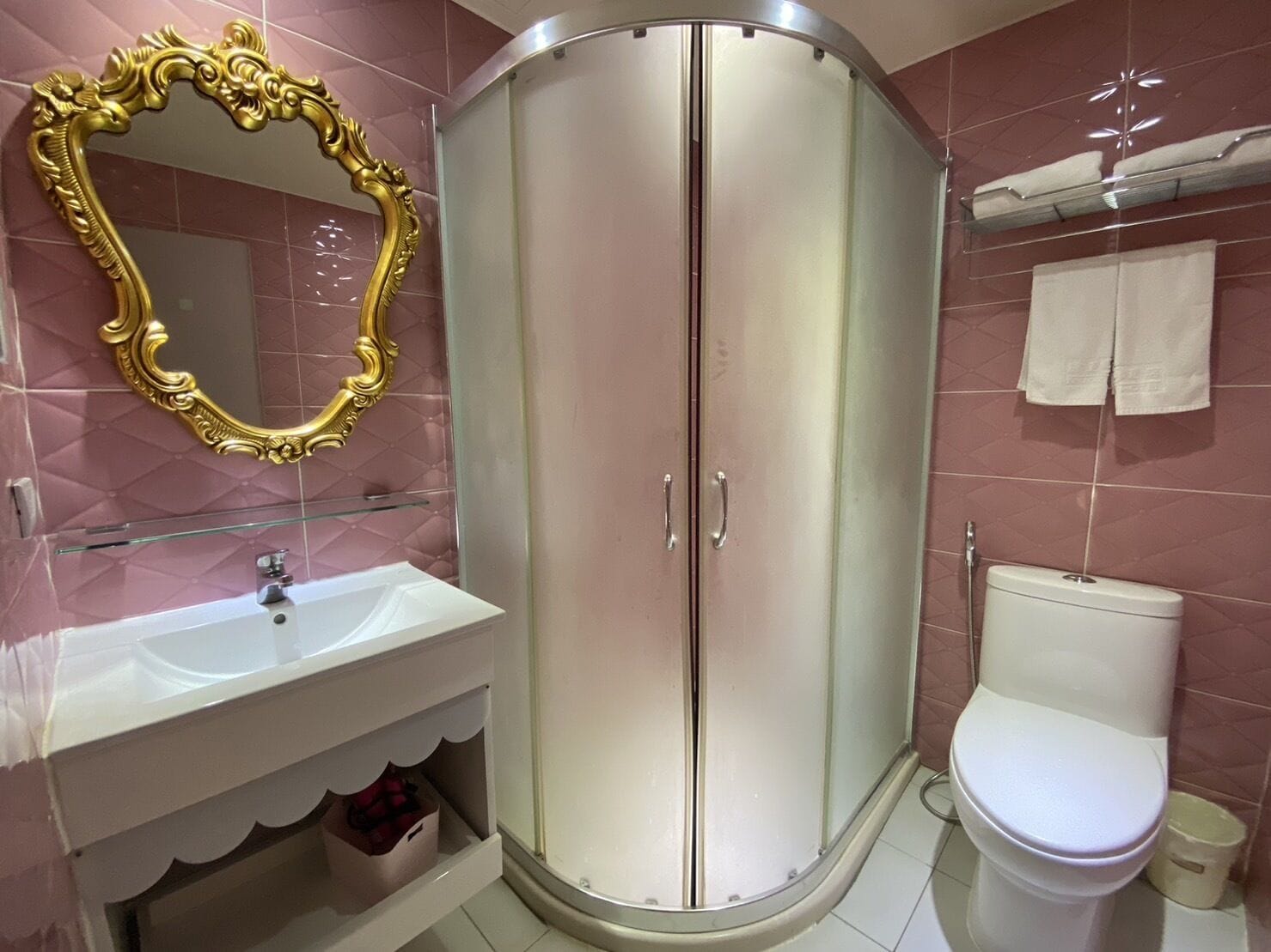 Ein Badezimmer mit Waschtisch, großem Spiegel, Kleiderschrank und Toilette.