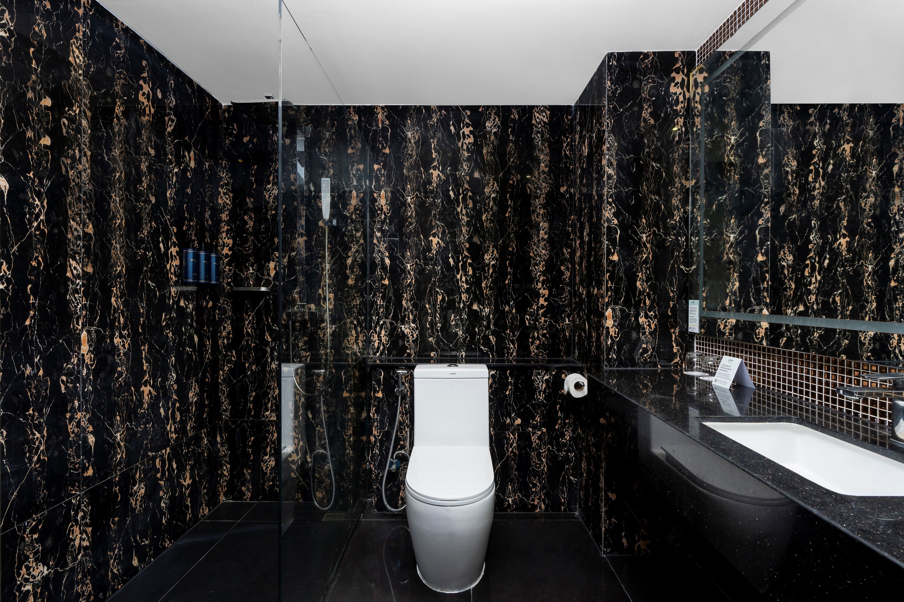 A modern bathroom with a black marble wall, a white toilet, and a large sink.