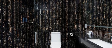 A modern bathroom with a black marble wall, a white toilet, and a large sink.