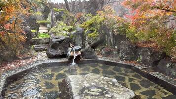A tranquil garden with a stone pond, moss-covered rocks, and autumn foliage.