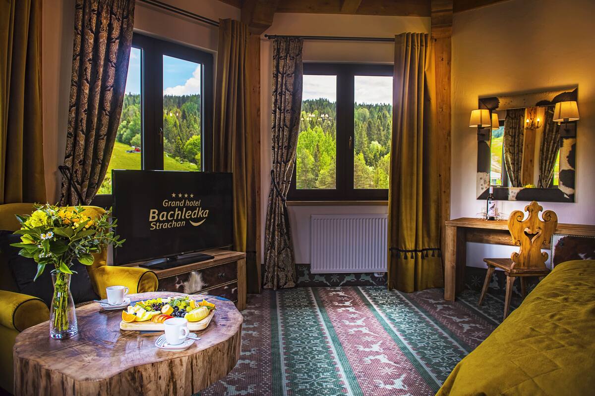 Une chambre d’hôtel avec un lit, une table où le petit-déjeuner est servi, une télévision et une vue sur la forêt.