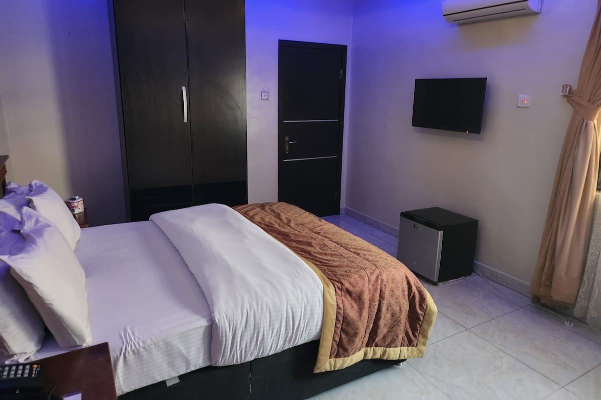 A bedroom with a bed, wardrobe, TV, air conditioning unit, and a small speaker.