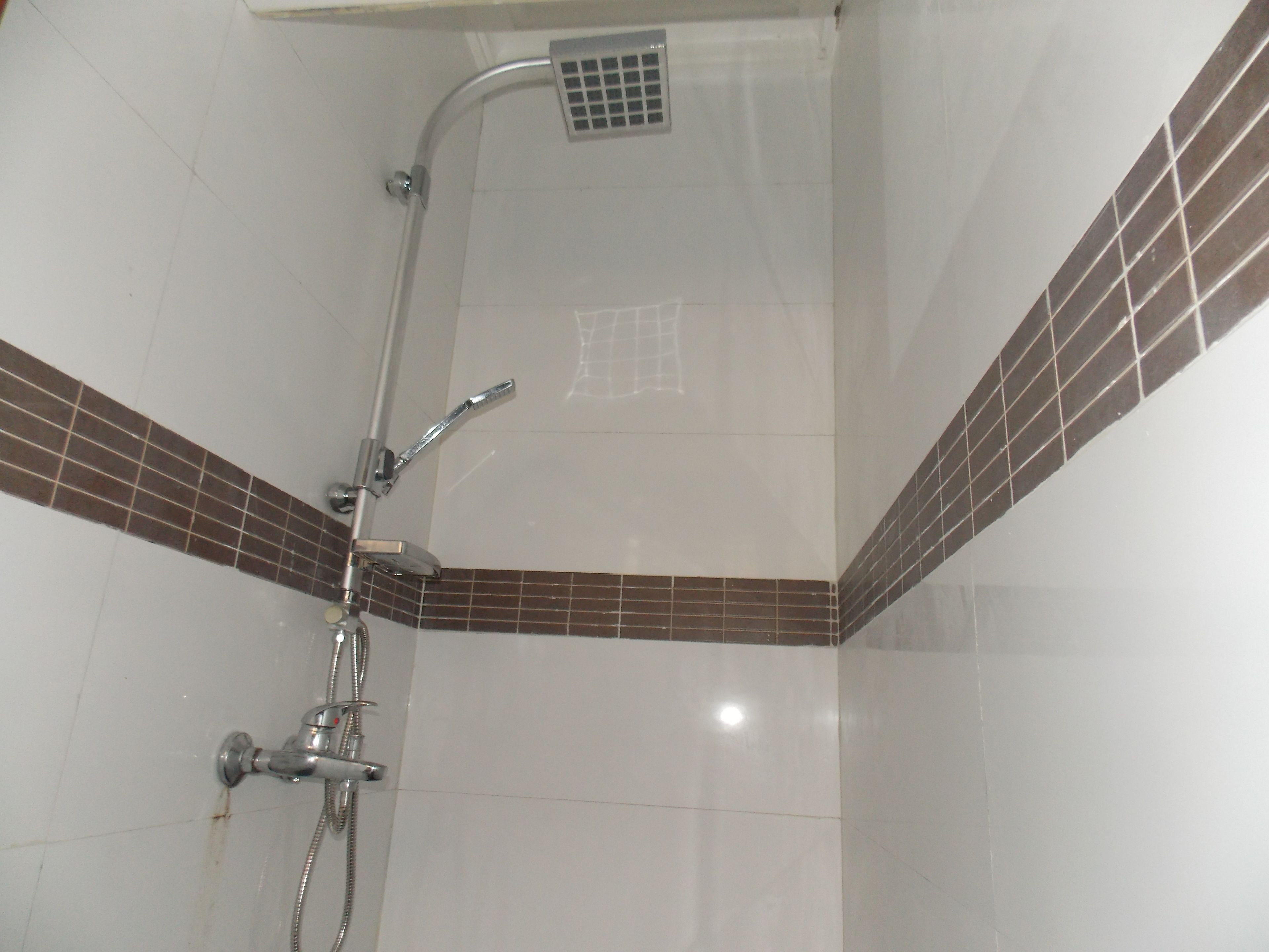 A shower area with a chrome showerhead, a handheld showerhead, and a wall-mounted faucet.