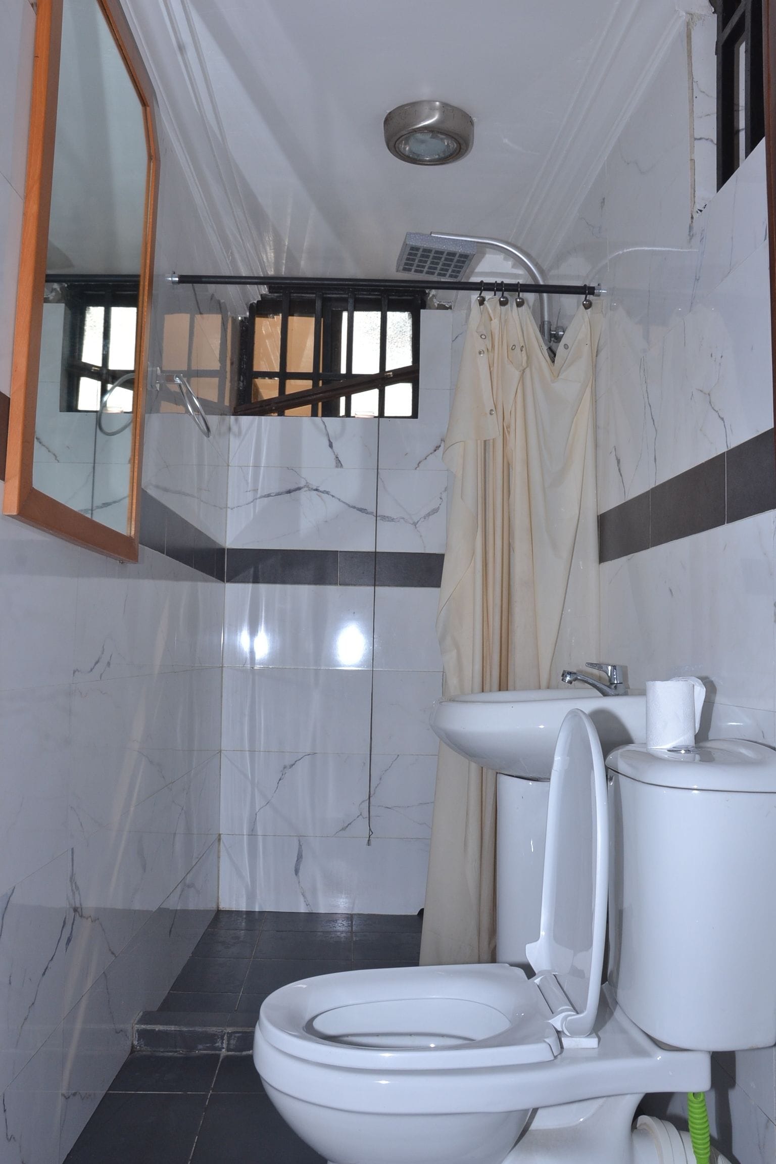 Un baño con inodoro, lavamanos y ducha.