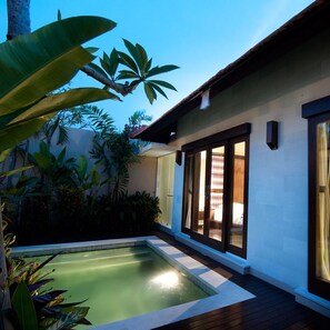 A modern house with a swimming pool, surrounded by tropical plants.