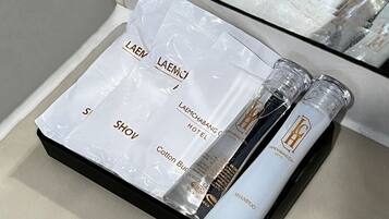 Shower, free toiletries, hair dryer, towels