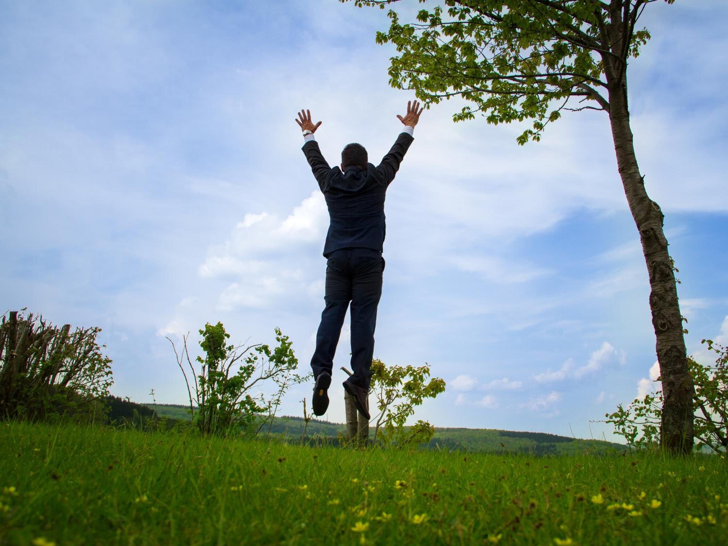 A person standing in a grassy field with arms raised, looking up at a tree.