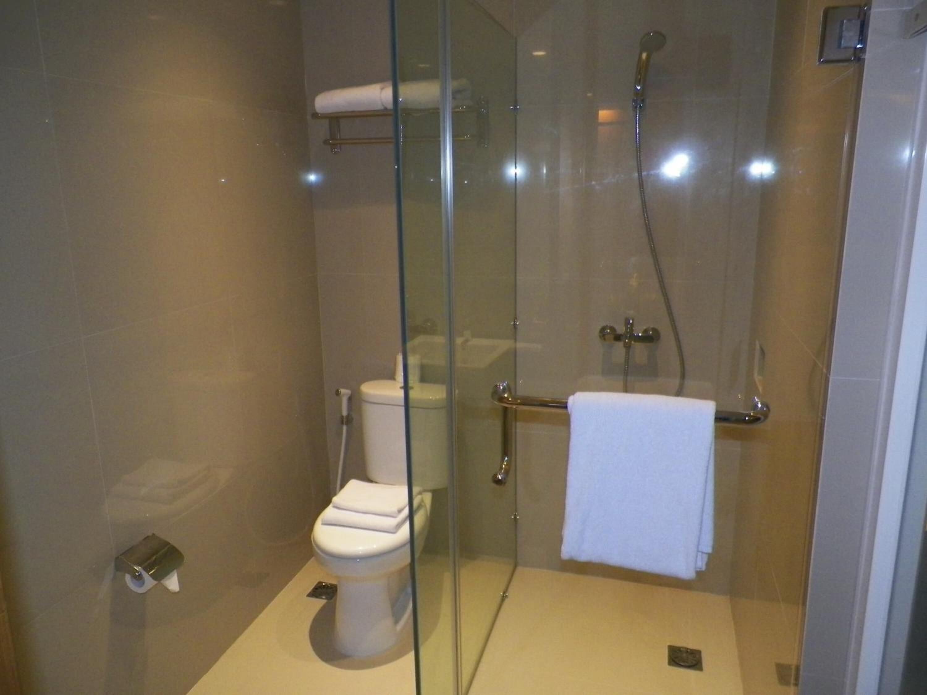 Une salle de bain moderne avec une douche à parois de verre, des toilettes et un porte-serviettes.