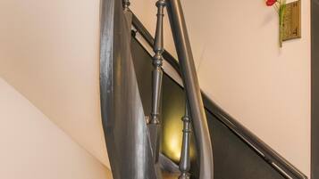 A spiral staircase with wooden steps and black metal railings.