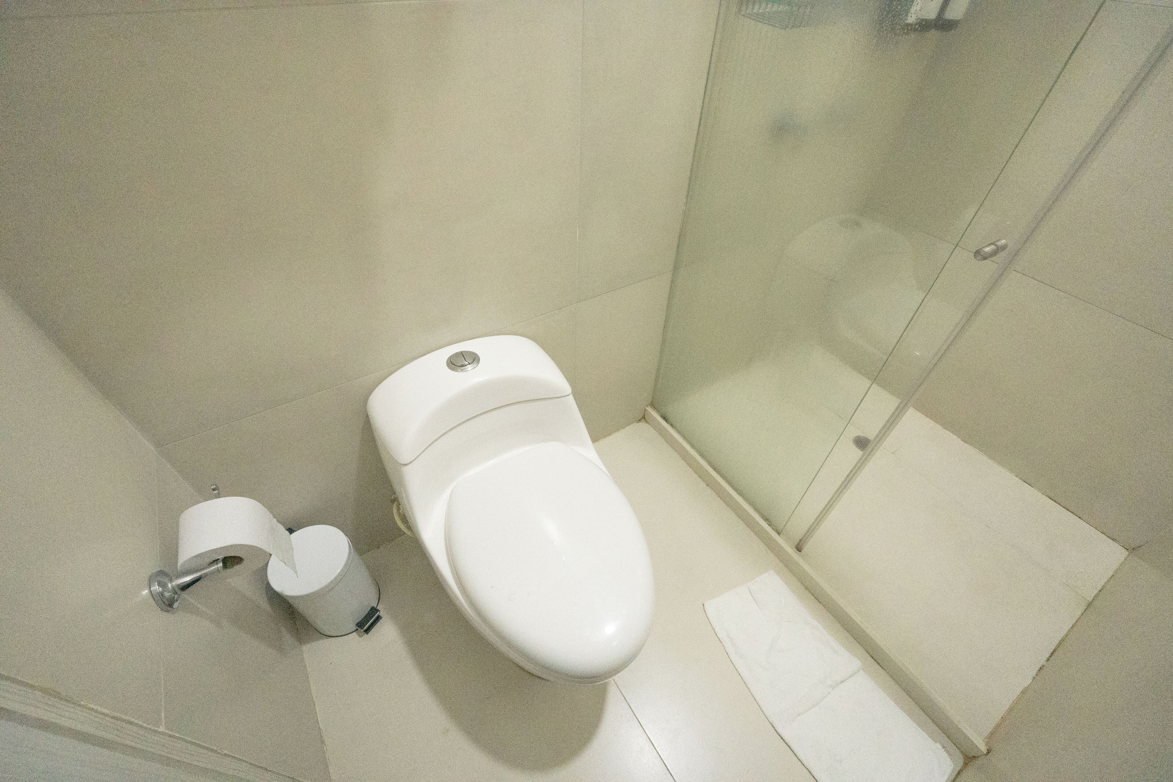 A bathroom with a toilet, a shower, and a glass door.