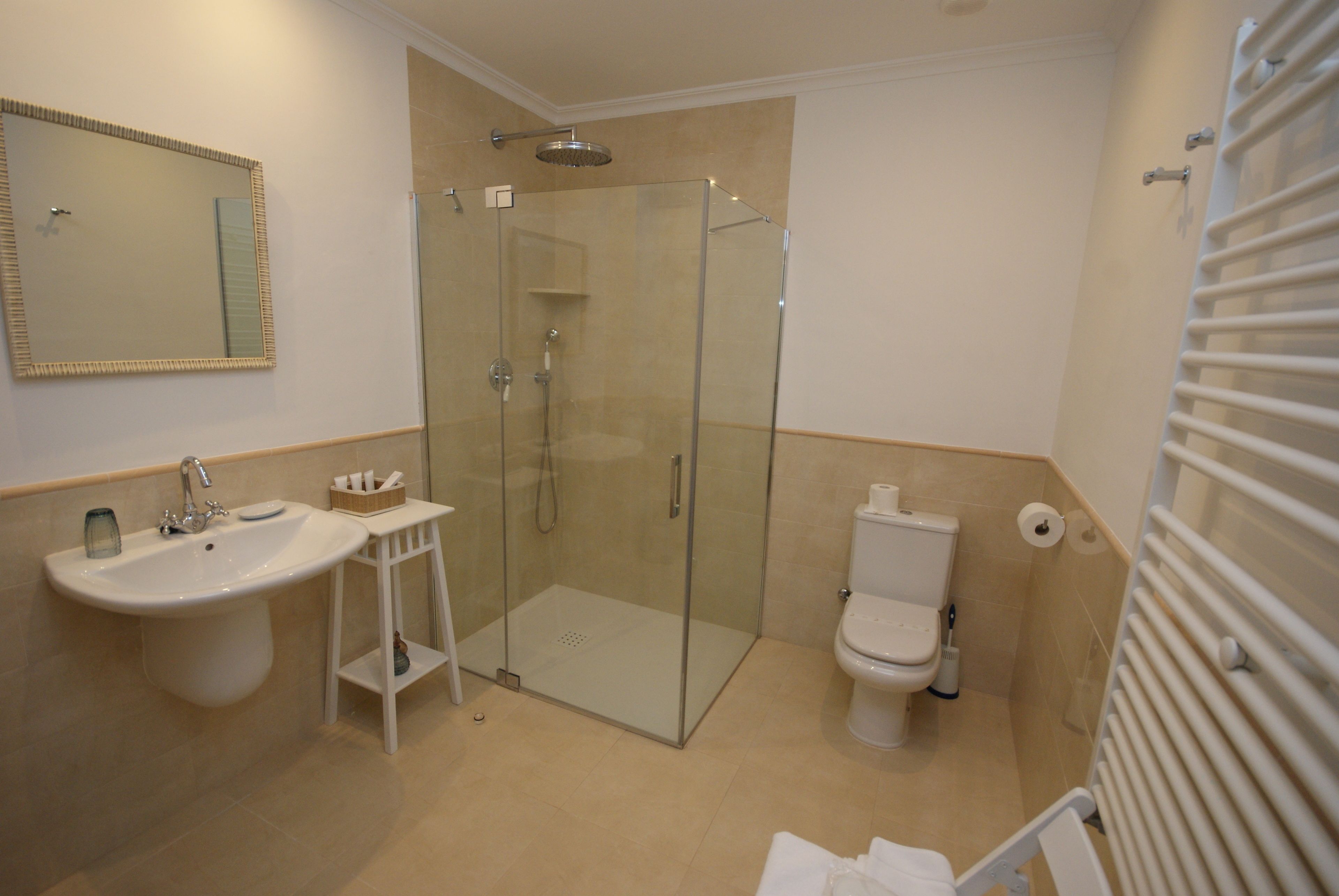 Bagno con doccia vetrata, lavandino, water e specchio.