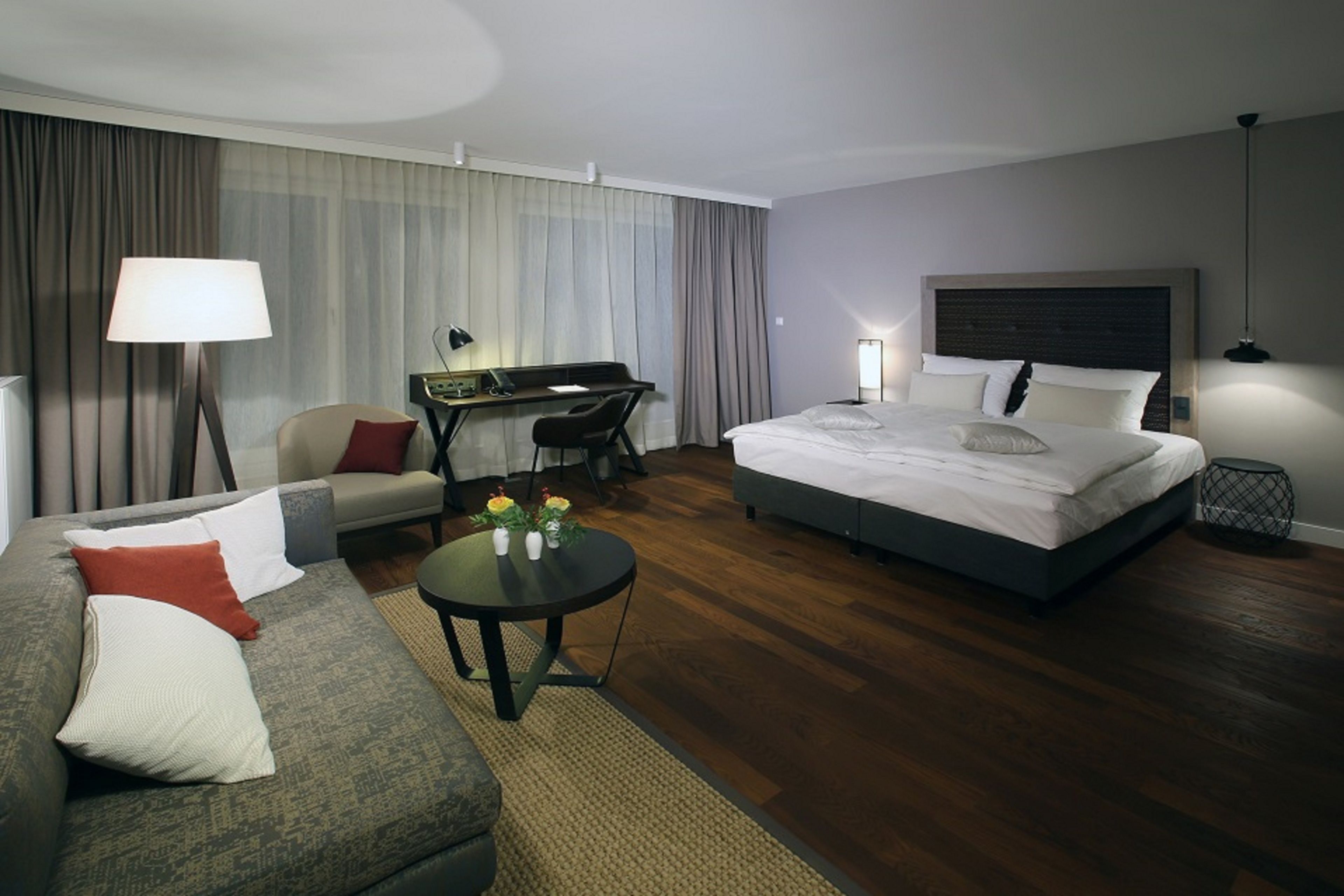 premium bedding, desk, blackout curtains, soundproofing