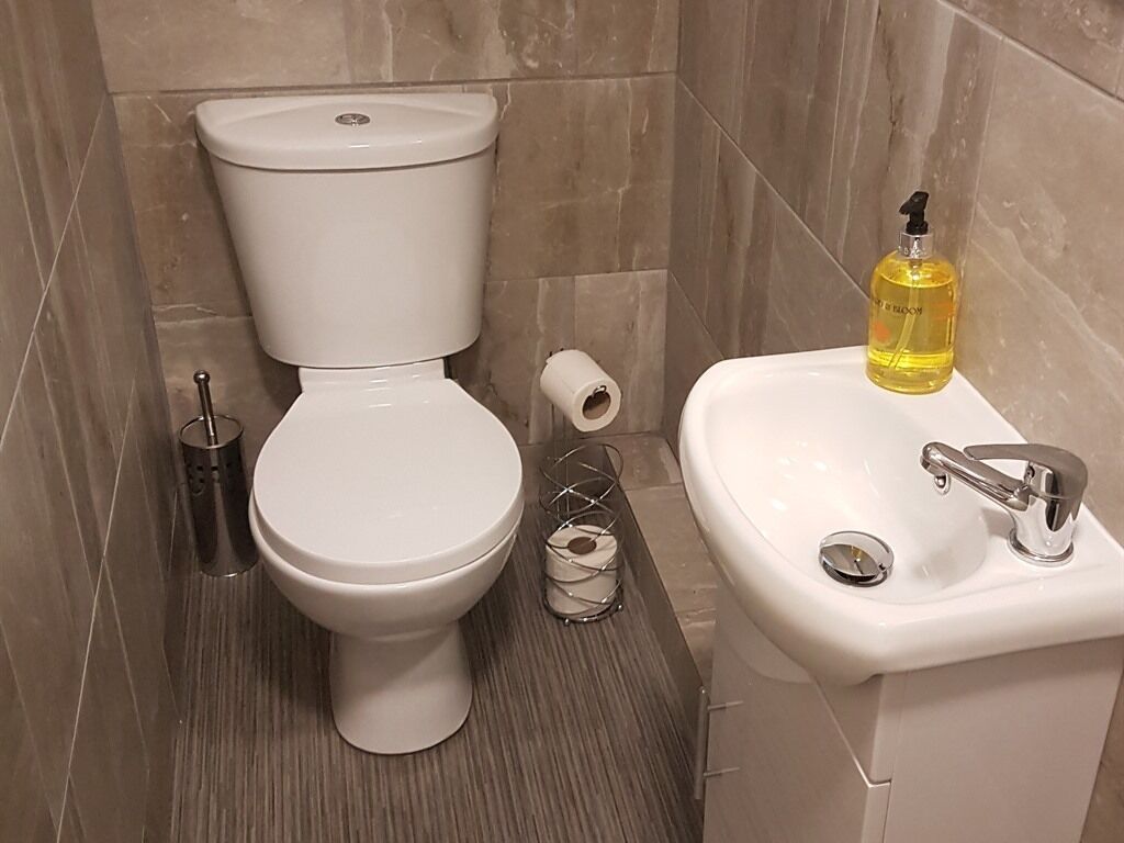 A bathroom with a toilet, a roll of toilet paper, a bottle of hand soap, and a sink with a faucet.