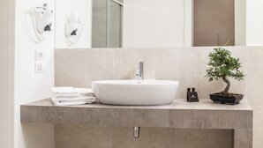A modern bathroom with a large mirror, a white sink, and a small potted plant. - Home Boutique Luxury & Design (Reggio Calabria)