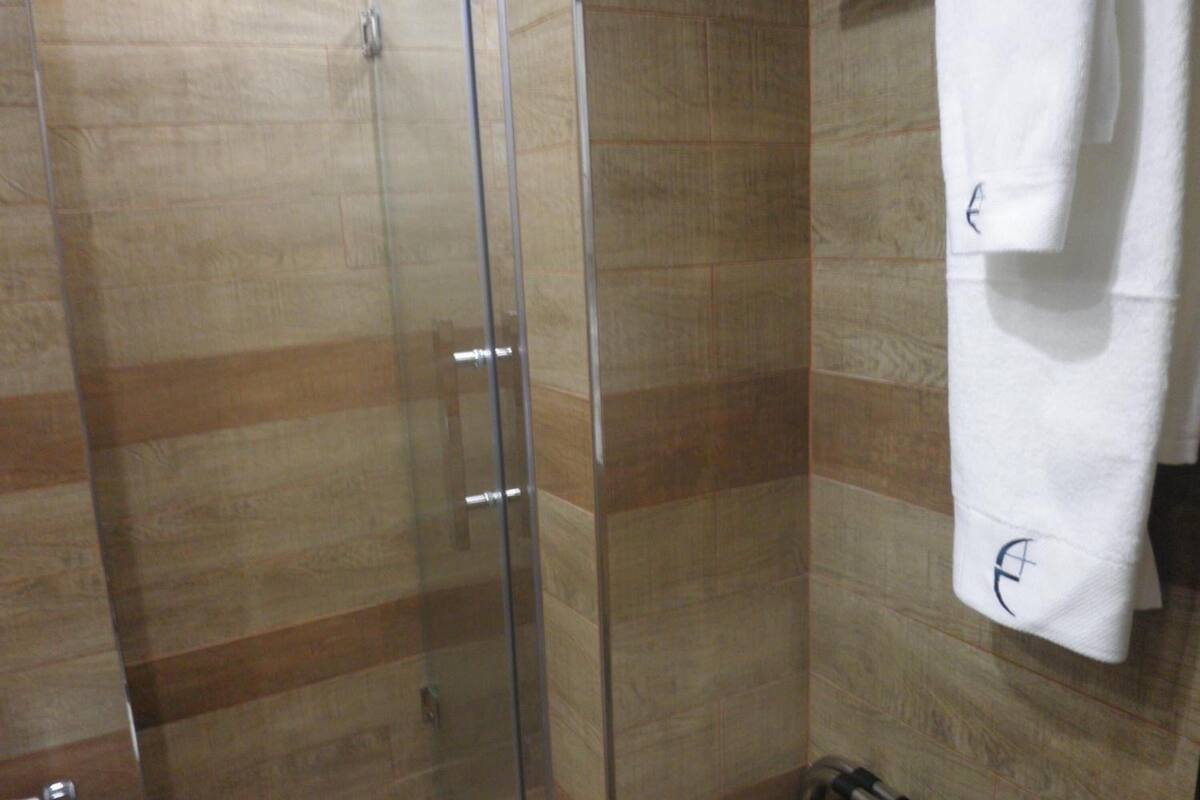 shower, free toiletries, towels, soap